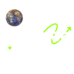 Blue-brown planet with neon green arrows and a curved path on a white background