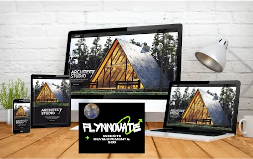 Travel planning website mockup on laptop, tablet, phone, and desktop screens on a wooden desk