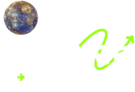 Blue and gold planet at top left with neon green curved arrows on a white background