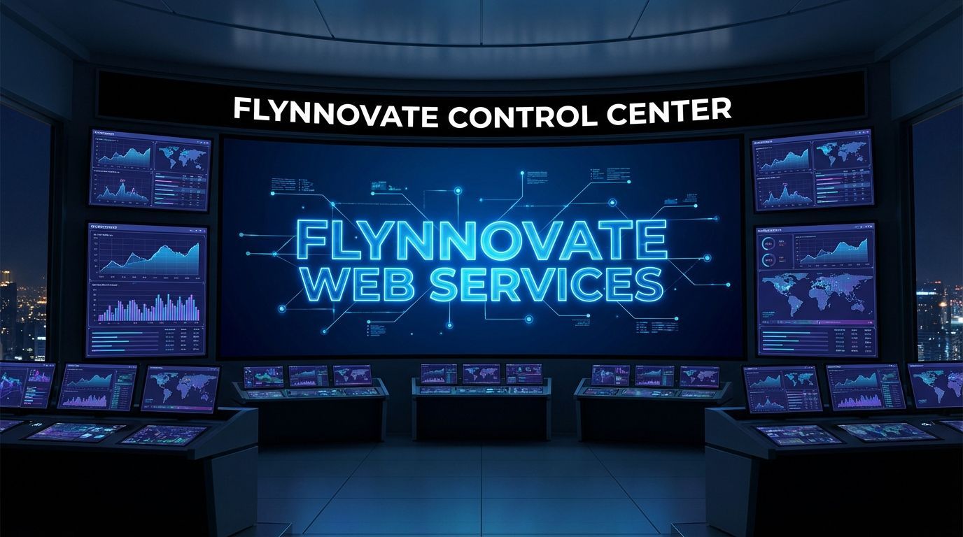 FlyInnovate Web Services control center with blue digital displays and futuristic monitors