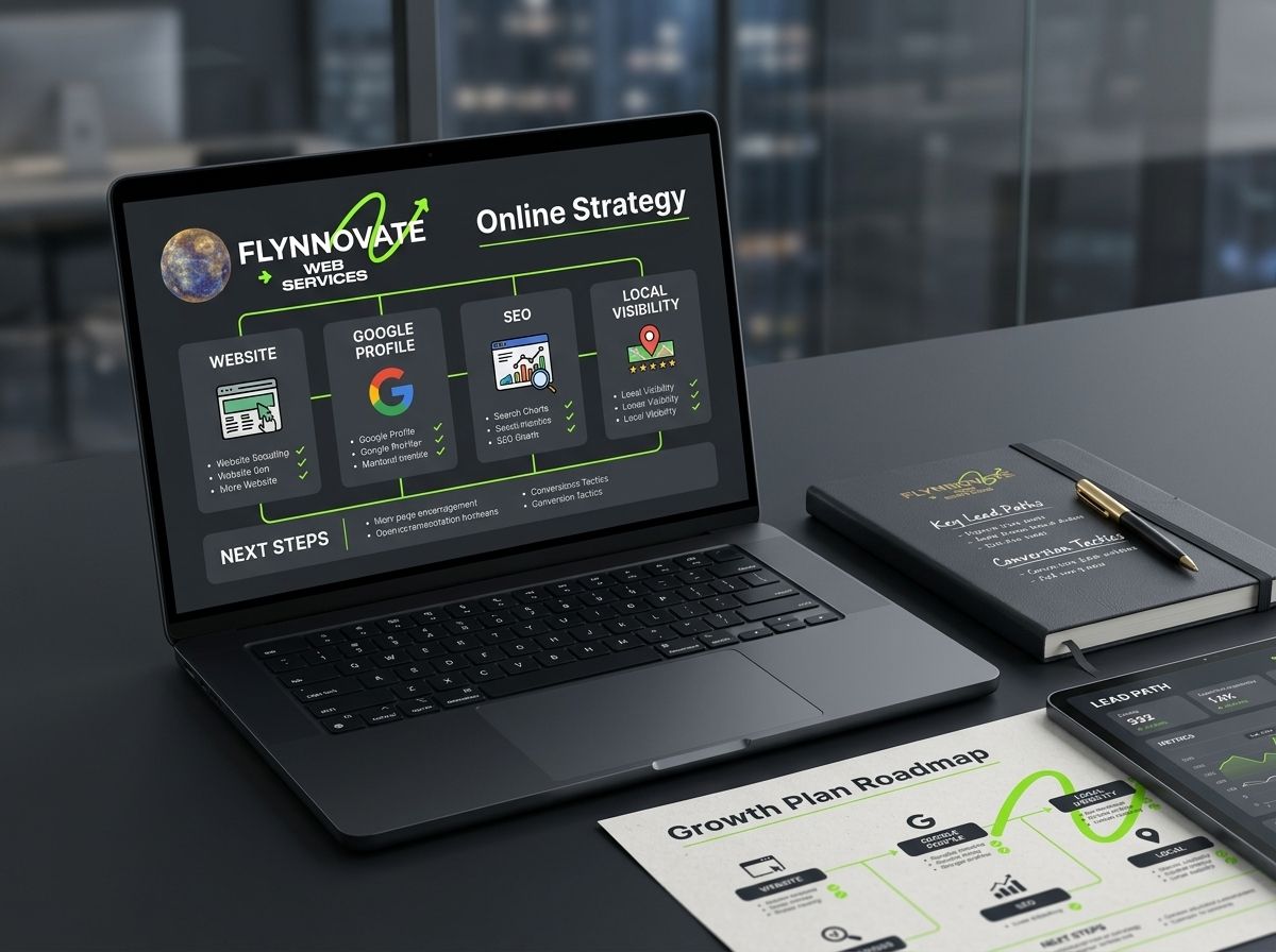 Laptop on desk showing an online strategy dashboard beside a notebook and pen.