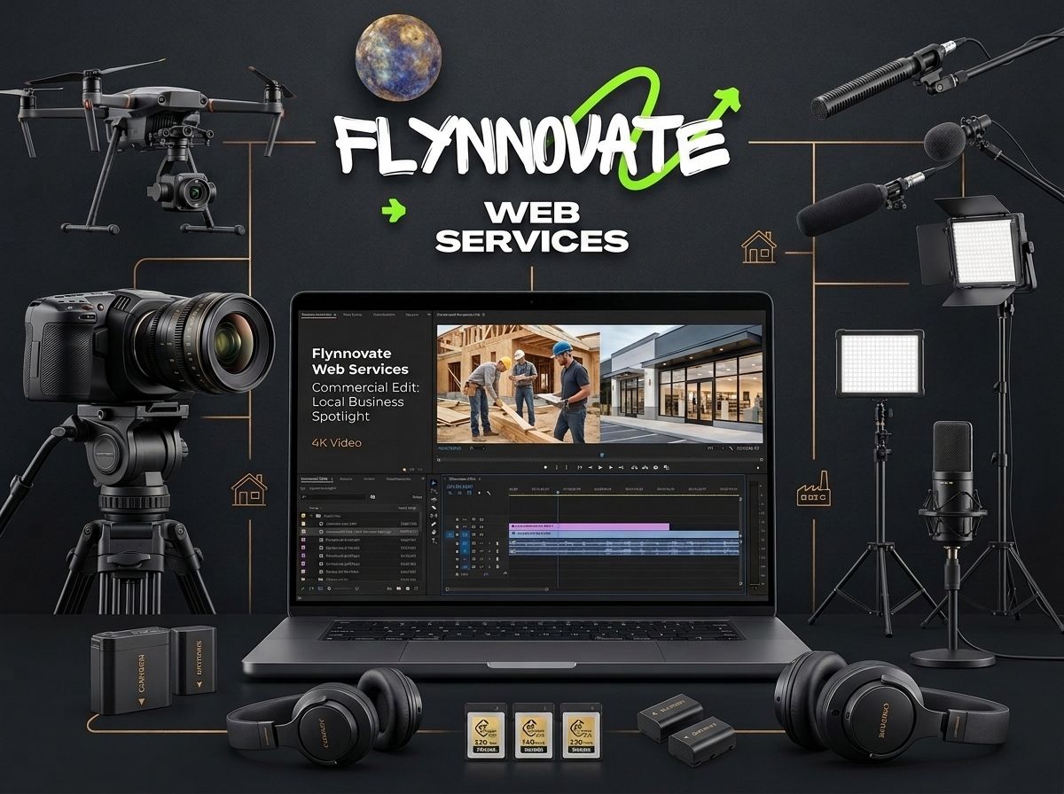 Dark photography studio web-services promo with cameras, lights, laptop, and logo signage