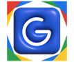 Blue app icon with a white “G” on a multicolored geometric border