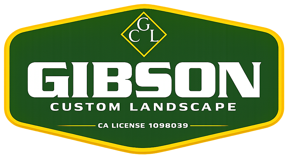 Green-and-yellow Gibson Custom Landscape logo with diamond GCL emblem and CA license number