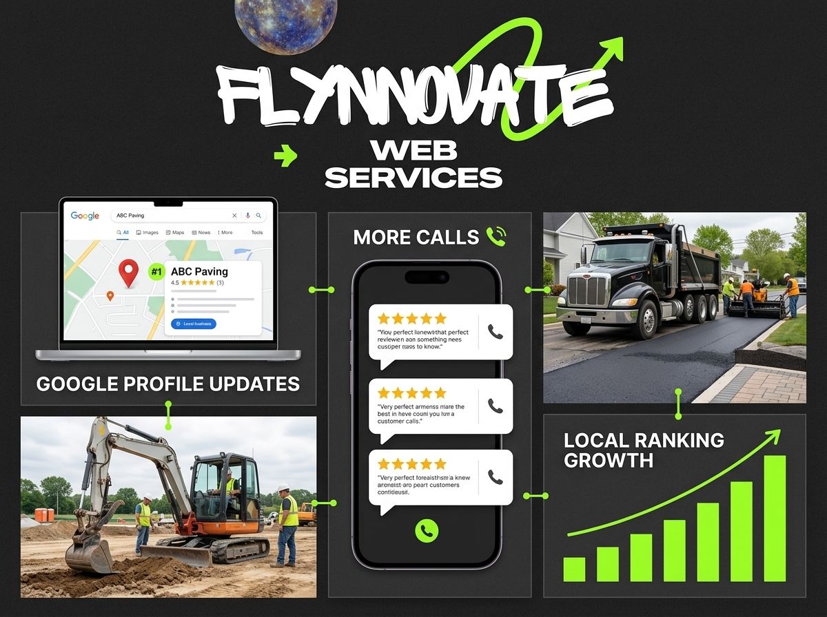 Flynnmate web services promo with Google profile updates, mobile reviews, local ranking graph, and landscaping photos