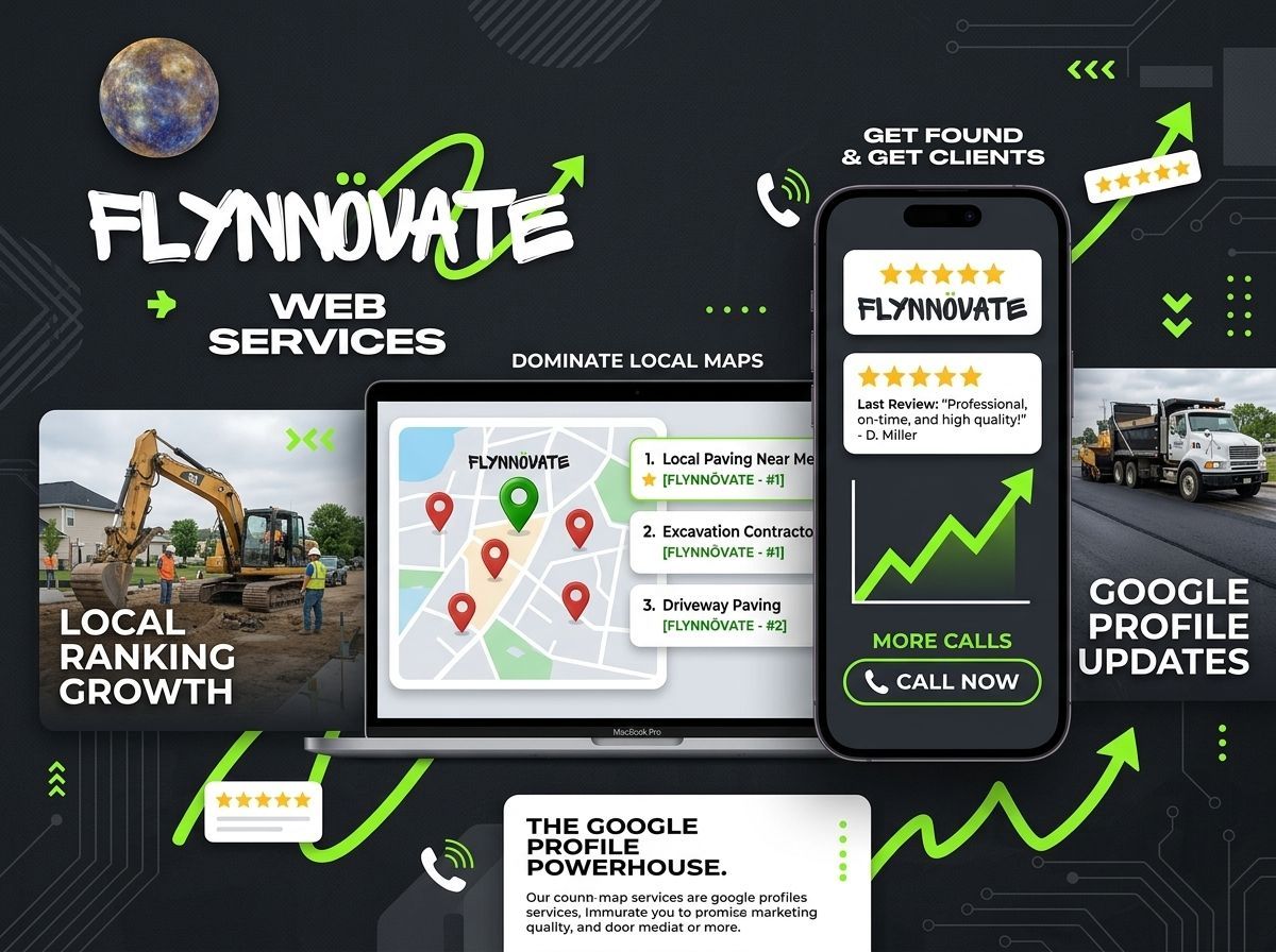 Flynnovate web services ad with phone analytics, map pins, and local ranking growth graphics