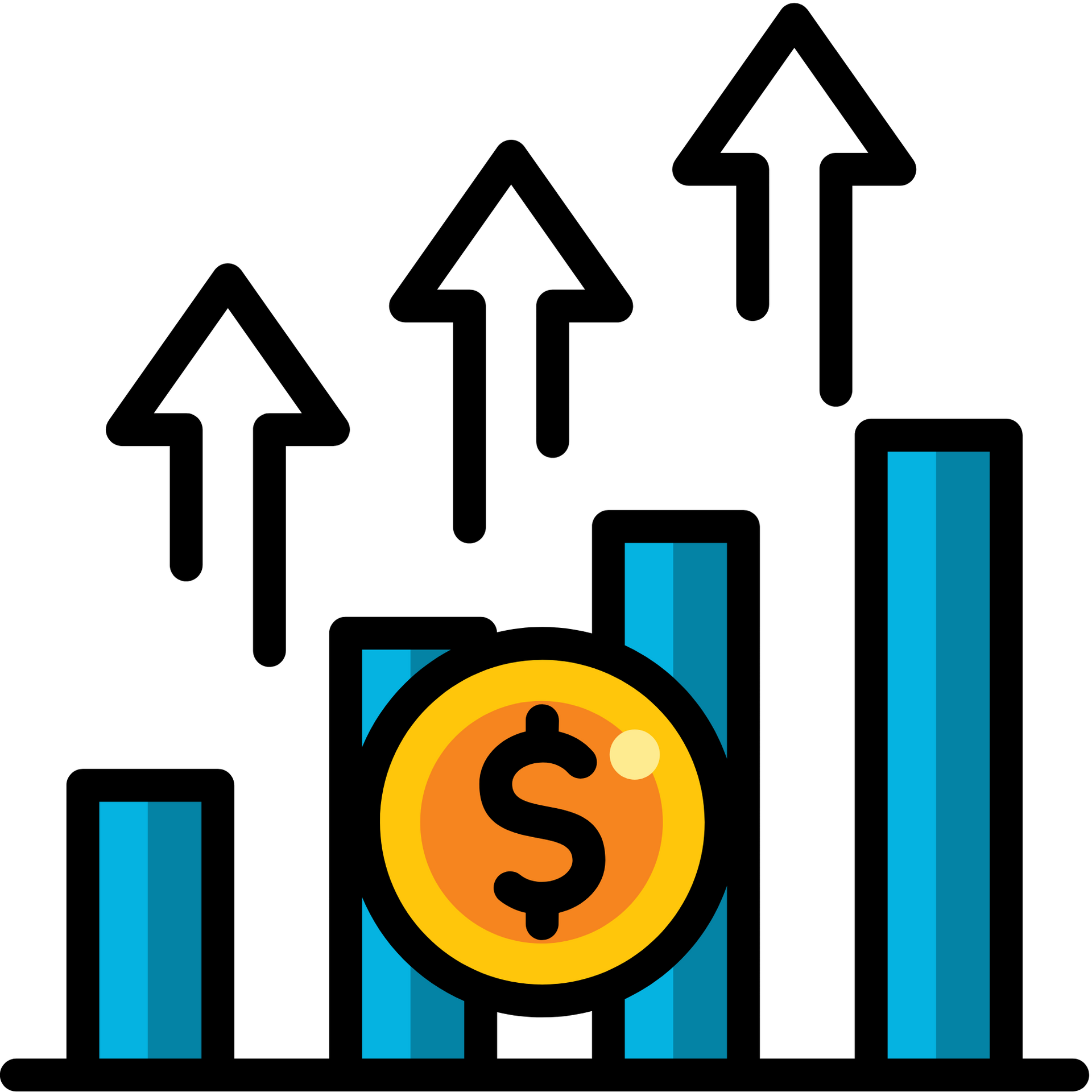 Blue bar chart with rising arrows and a gold dollar coin, symbolizing financial growth