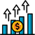 Bar chart with rising blue bars, upward arrows, and a gold coin with a dollar sign