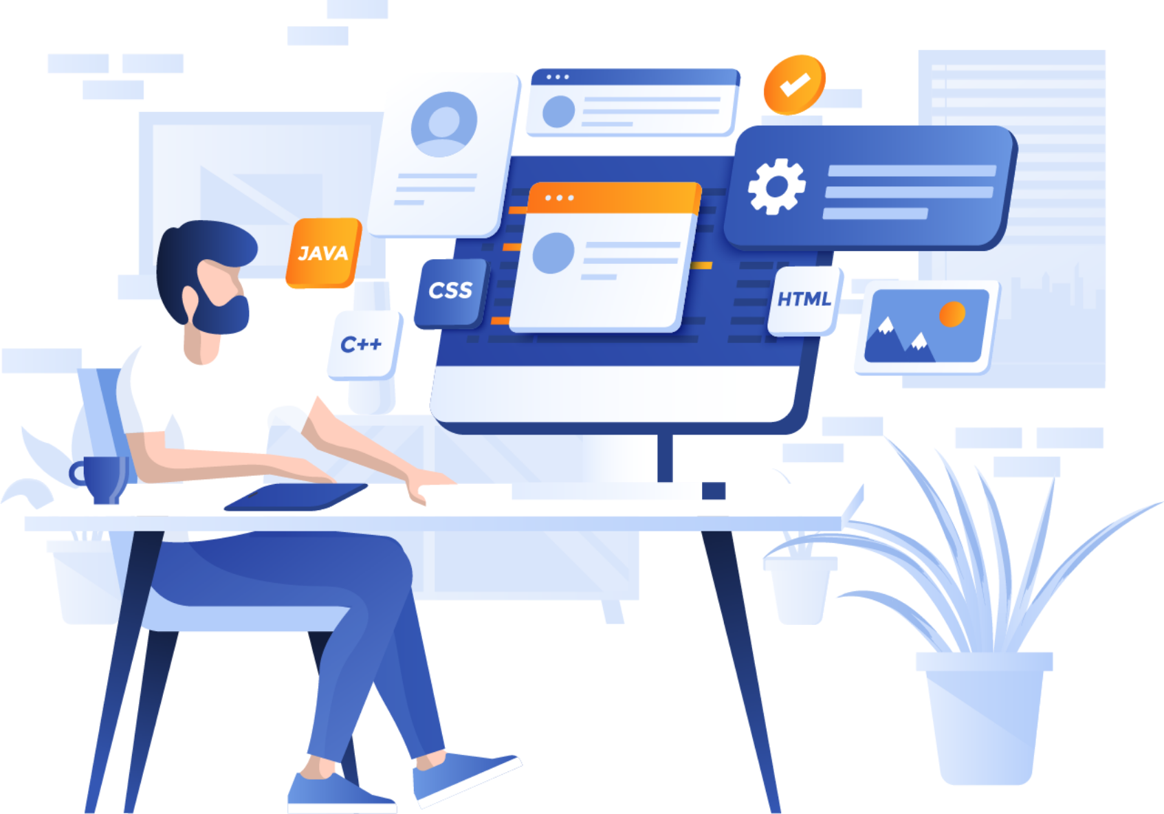 Person working at a desk with a computer showing web design and coding icons