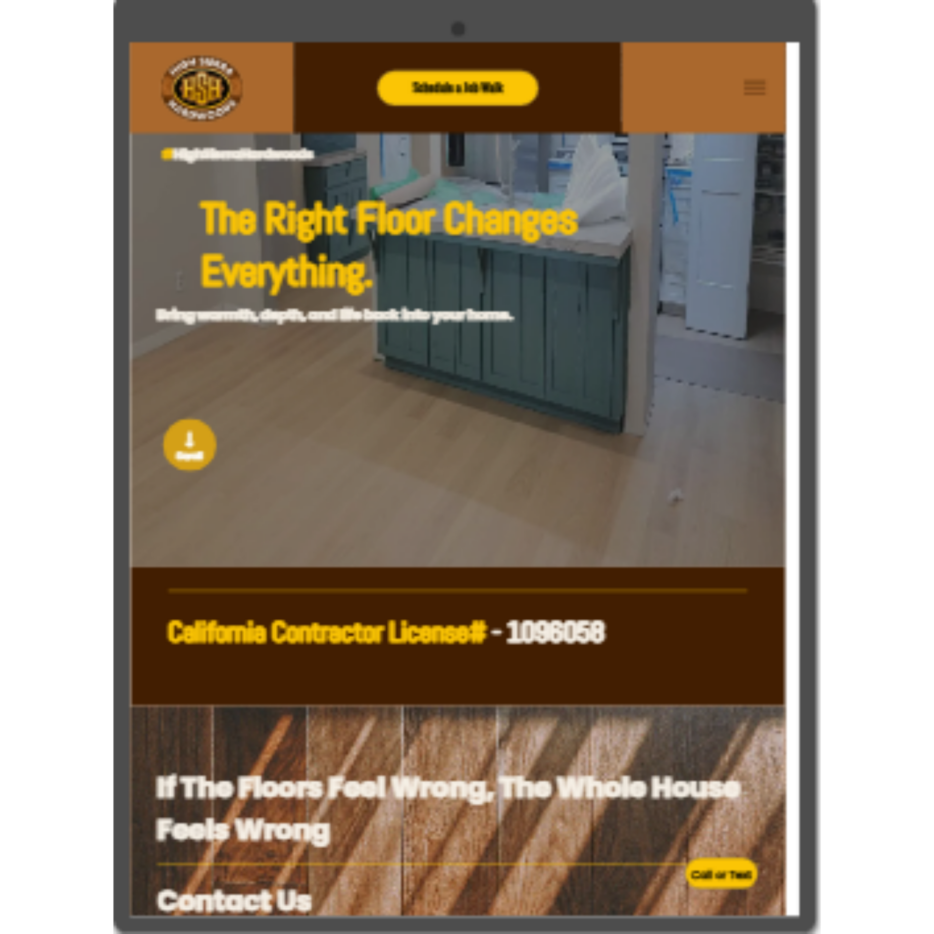 Flooring contractor website homepage with hardwood floor photo and bold yellow headline.