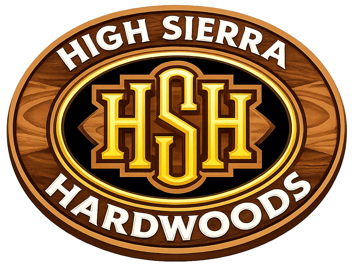 High Sierra Hardwoods logo with gold HSH initials on a wood-grain oval emblem