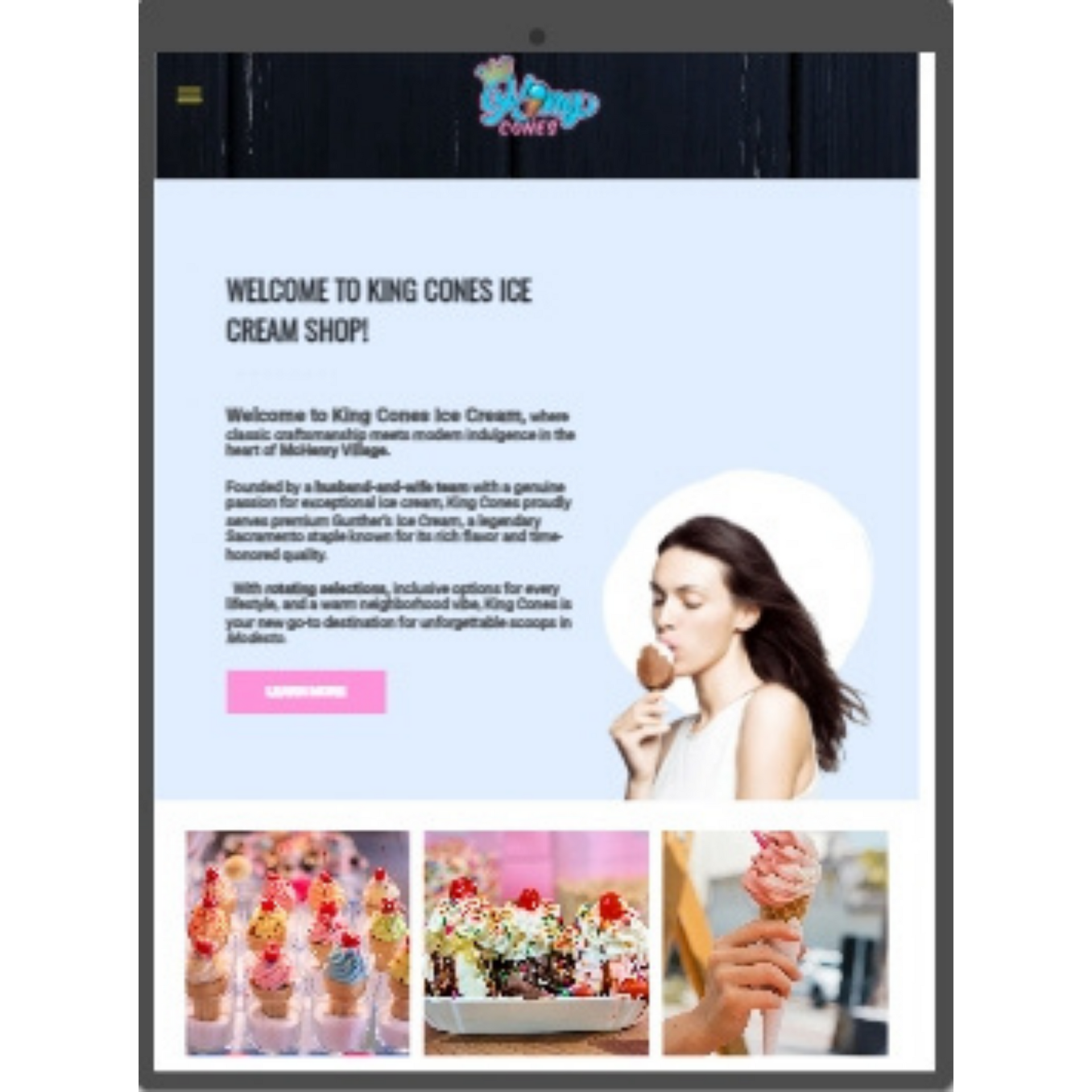 King Cones ice cream shop homepage with photos of colorful cones, desserts, and a woman licking ice cream
