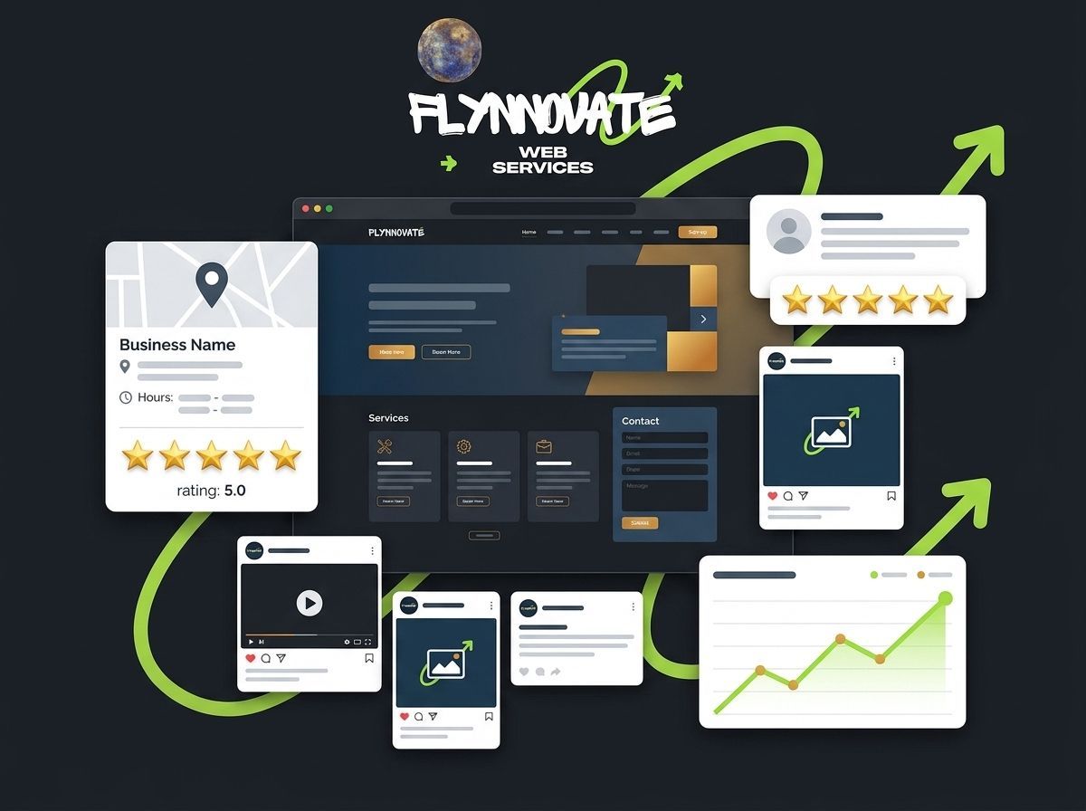 Dark marketing dashboard mockup with floating website cards and green upward arrows on a black background