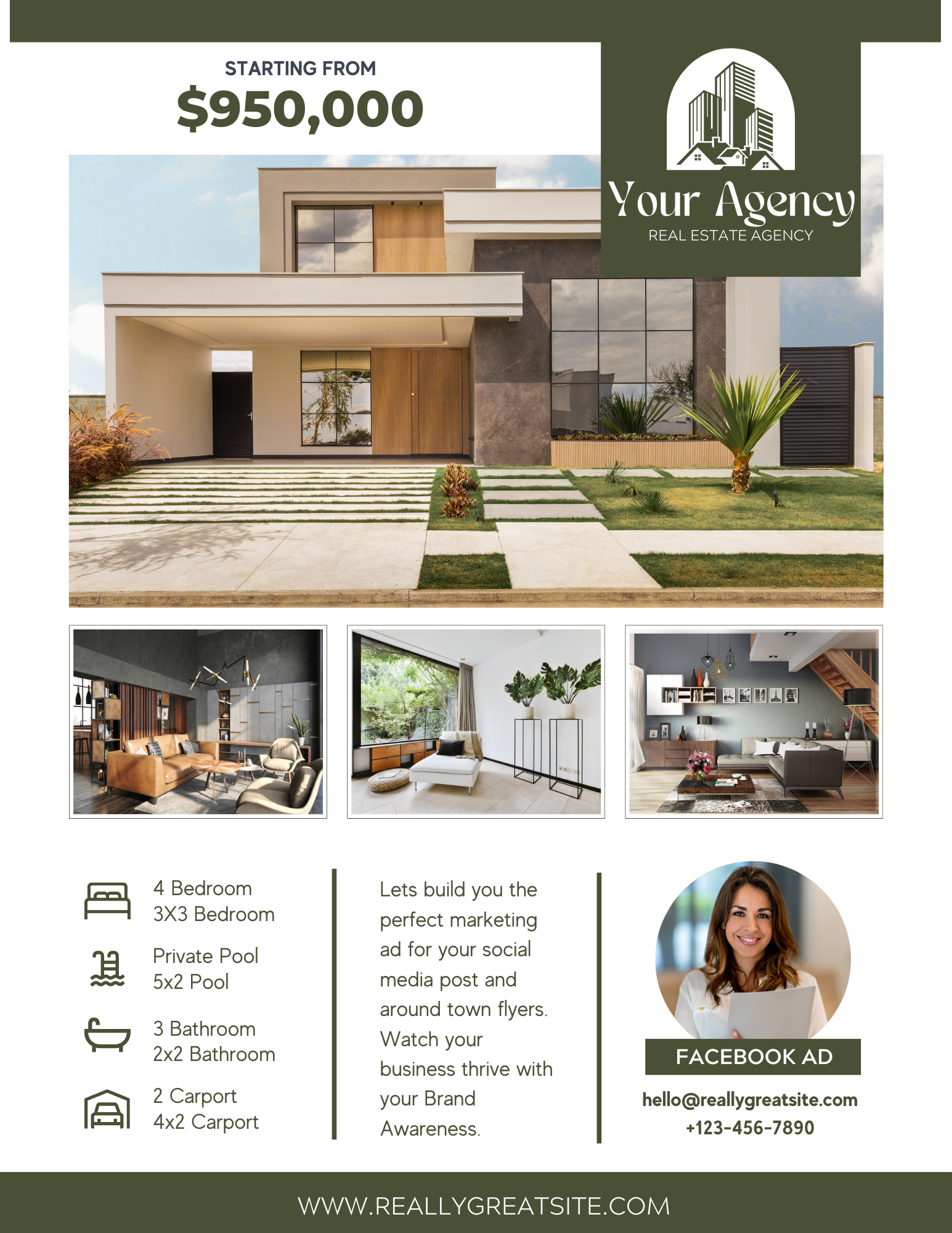 Real estate flyer for a $950,000 modern home with interior photos and agent contact details