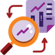 Magnifying glass over a purple analytics chart with red arrows, suggesting data review or growth analysis