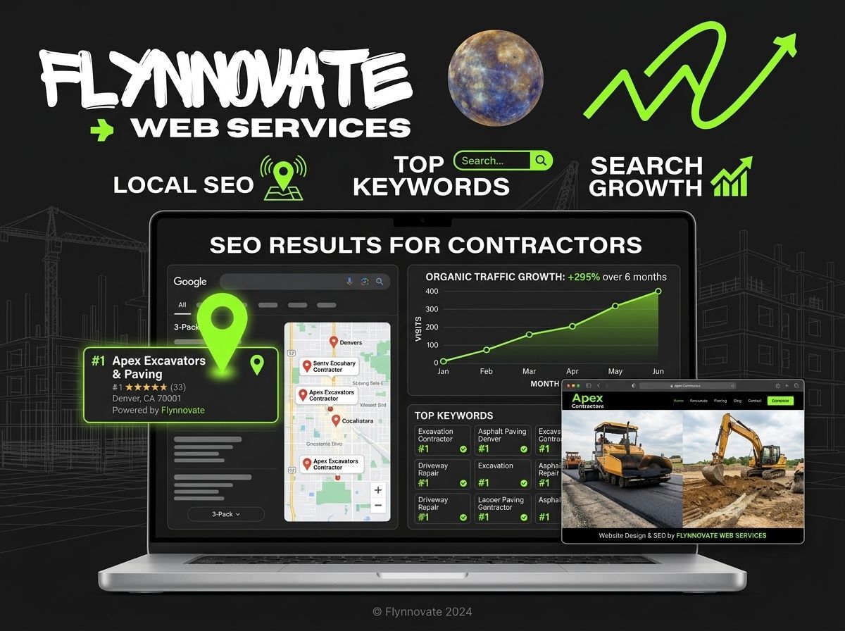 Flynnovate Web Services SEO ad for contractors with laptop dashboard, charts, map pin, and project photo