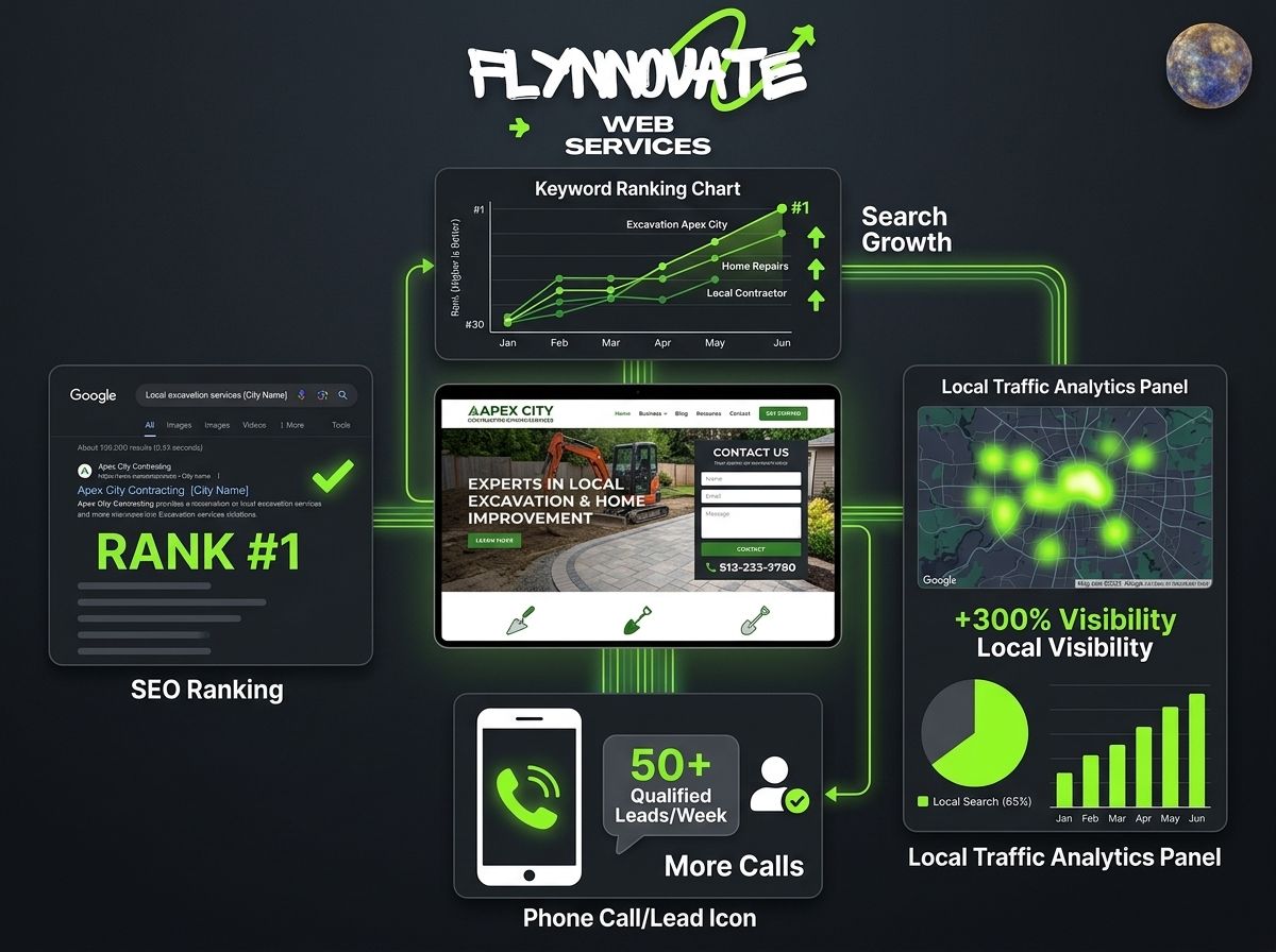 Dark SEO marketing infographic with green charts, website mockup, and labels like “RANK #1” and “More Calls”