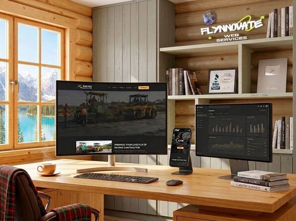 Cozy wooden home office with dual monitors, desk accessories, and mountain lake view through a window