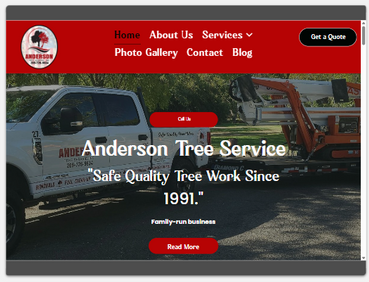 Anderson Tree Service website homepage with red header and a tree service truck in front of a tree yard