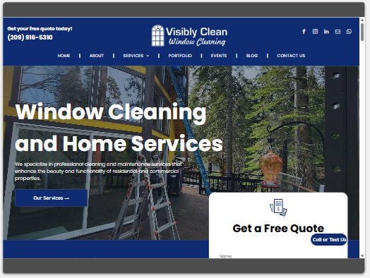 Window cleaning website homepage with blue header, forest background, and “Get a Free Quote” button
