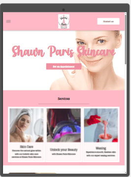 Pink spa website homepage with “Shawn Paris Skincare,” model photo, and service tiles below