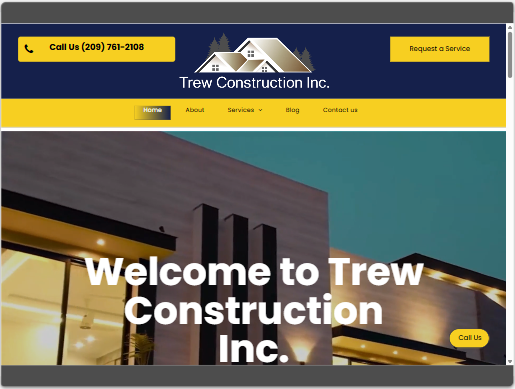 Trew Construction Inc. website homepage with blue and yellow header and hero banner reading