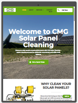 CMG Solar Panel Cleaning website homepage with green header and hero image of solar panels under blue sky