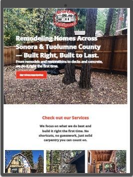 Home remodeling website homepage with rustic house photo, headline, service blurb, and red call-to-action button