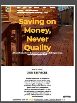 Restaurant patio with large yellow text: “Saving on Money, Never Quality” and “Our Services” below