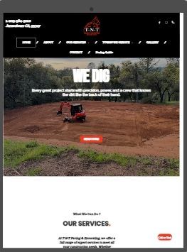 Website homepage with a large hero image of an excavator on a dirt lot and the headline “WE DIG” above “Our Services”