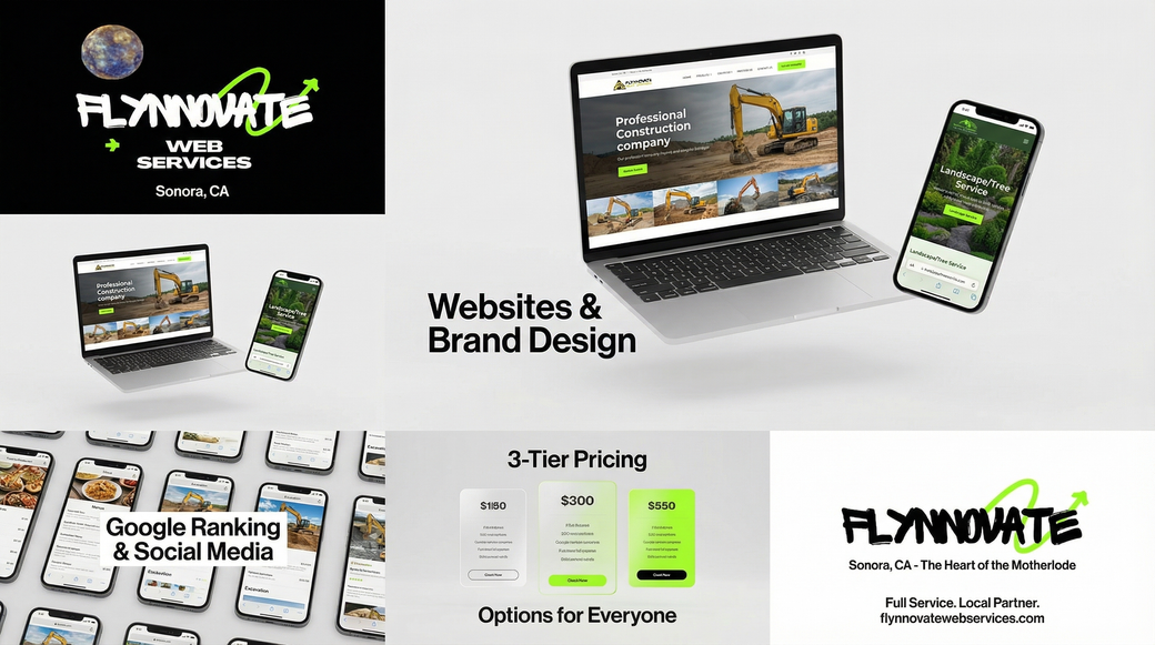 FlynnMates web design service collage with website mockups, logo, and social media graphics