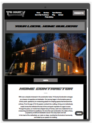 Home Contractor website homepage showing a house at night and a “Home Contractor” heading.
