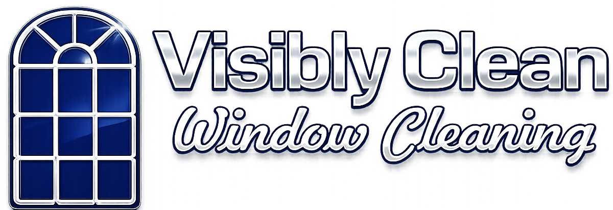 Logo for Visibly Clean Window Cleaning with blue window icon and silver text