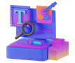 Colorful 3D icon of a design app with a magnifying glass, text tool, and stylus on a monitor