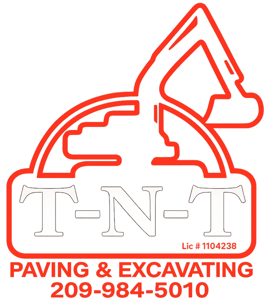 Red logo for TNT Paving & Excavating with excavator graphic and phone number 209-854-5010