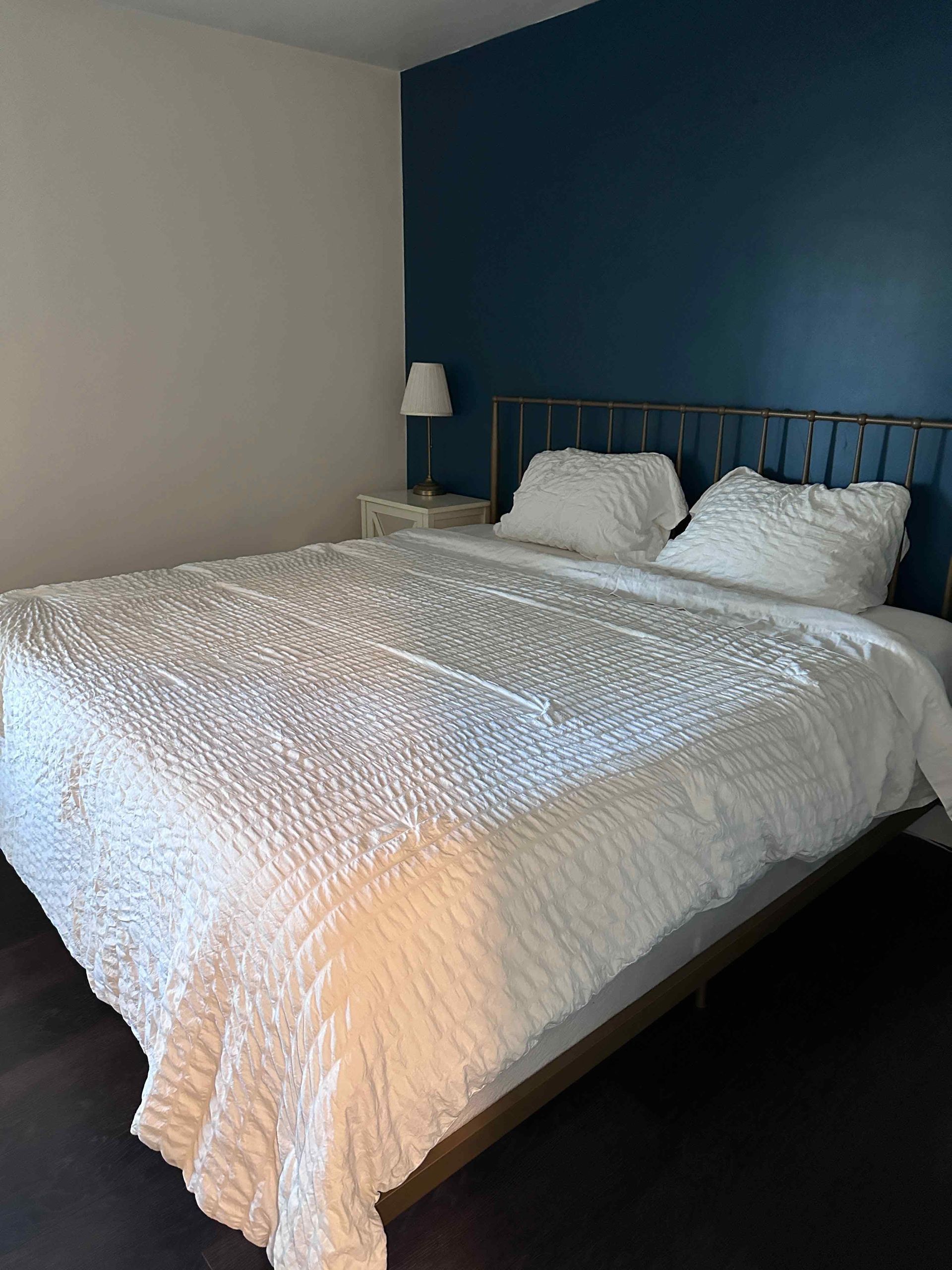 Bedroom with a white bed, two pillows, dark blue accent wall, and bedside lamp