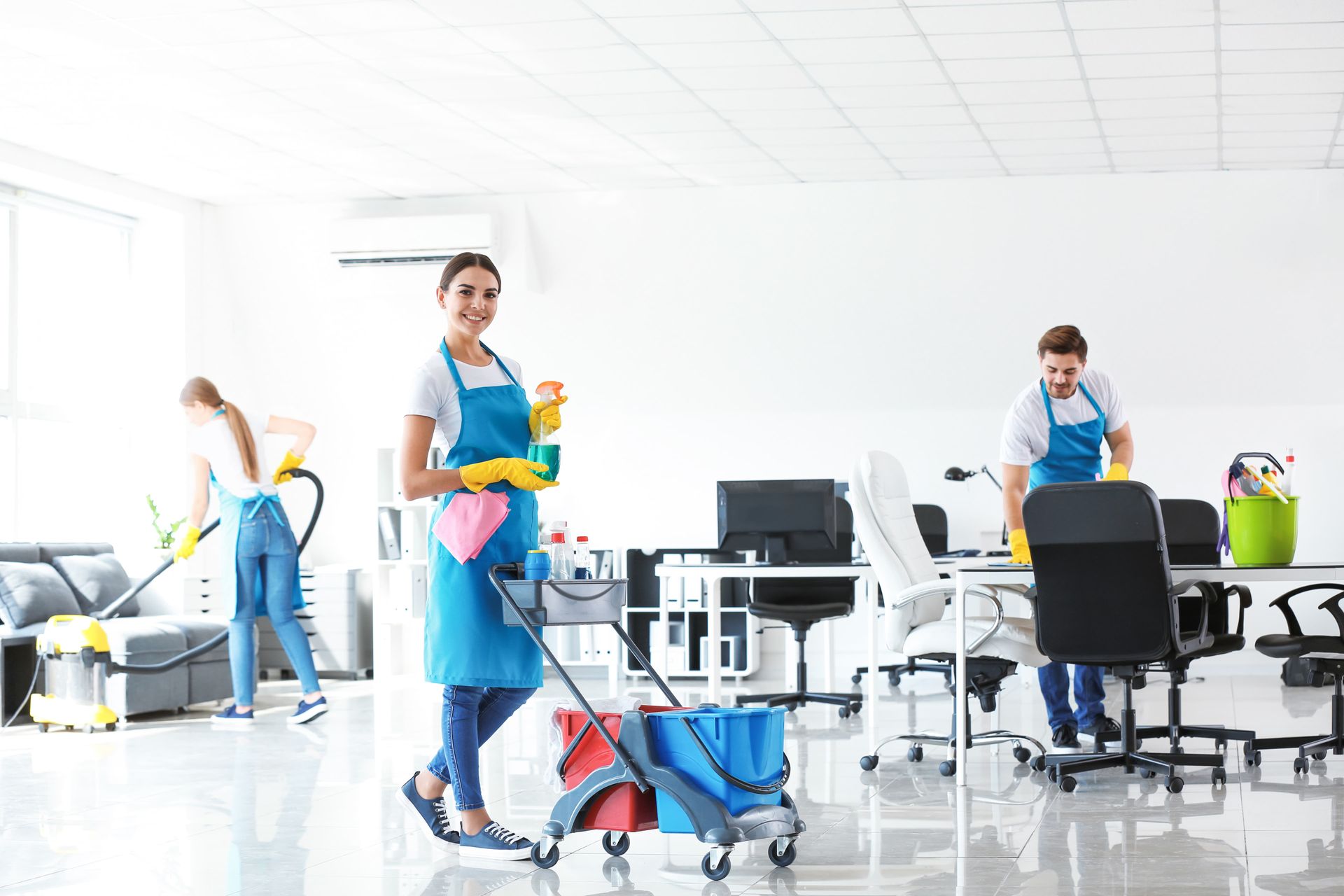 A group of cleaners are cleaning an office.