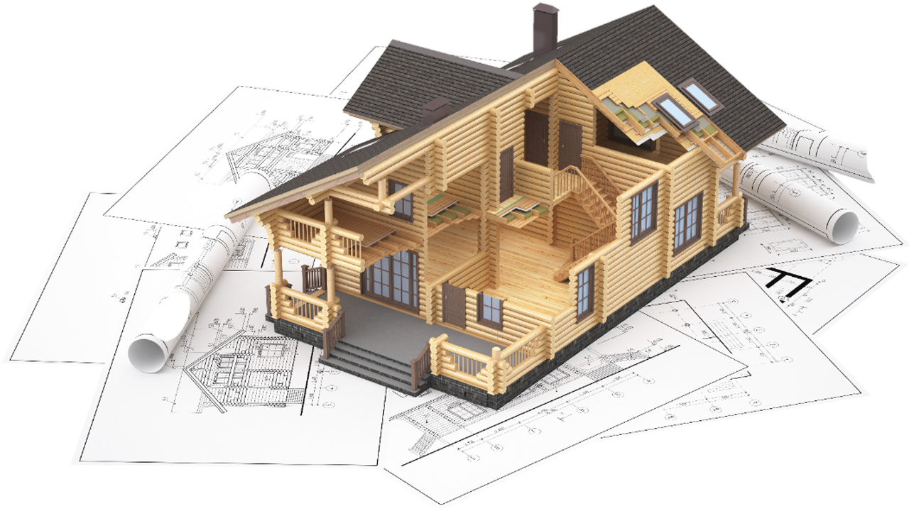 Wooden model house on architectural blueprints