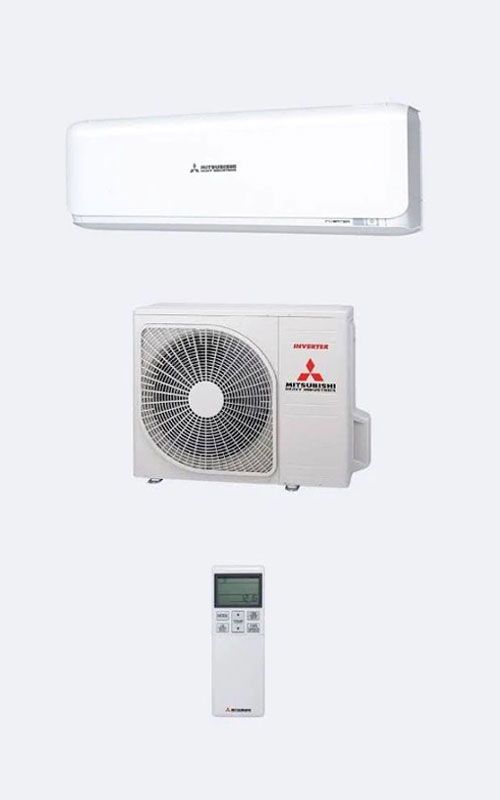 Mitsubishi split system air conditioner set with indoor unit, outdoor inverter unit, and remote control.
