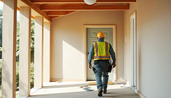 Construction worker in safety gear approaching a residential entrance during a home installation or inspection.