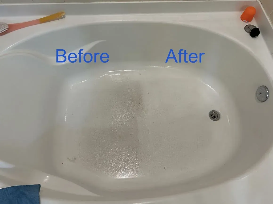 A bathtub interior split into a dirty 