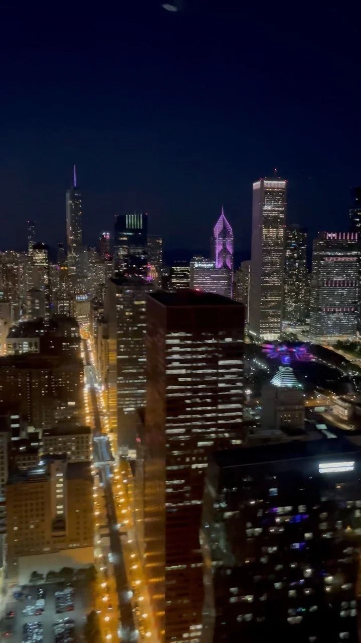 Night cityscape of Chicago; buildings illuminated against a dark blue sky; road with streetlights.