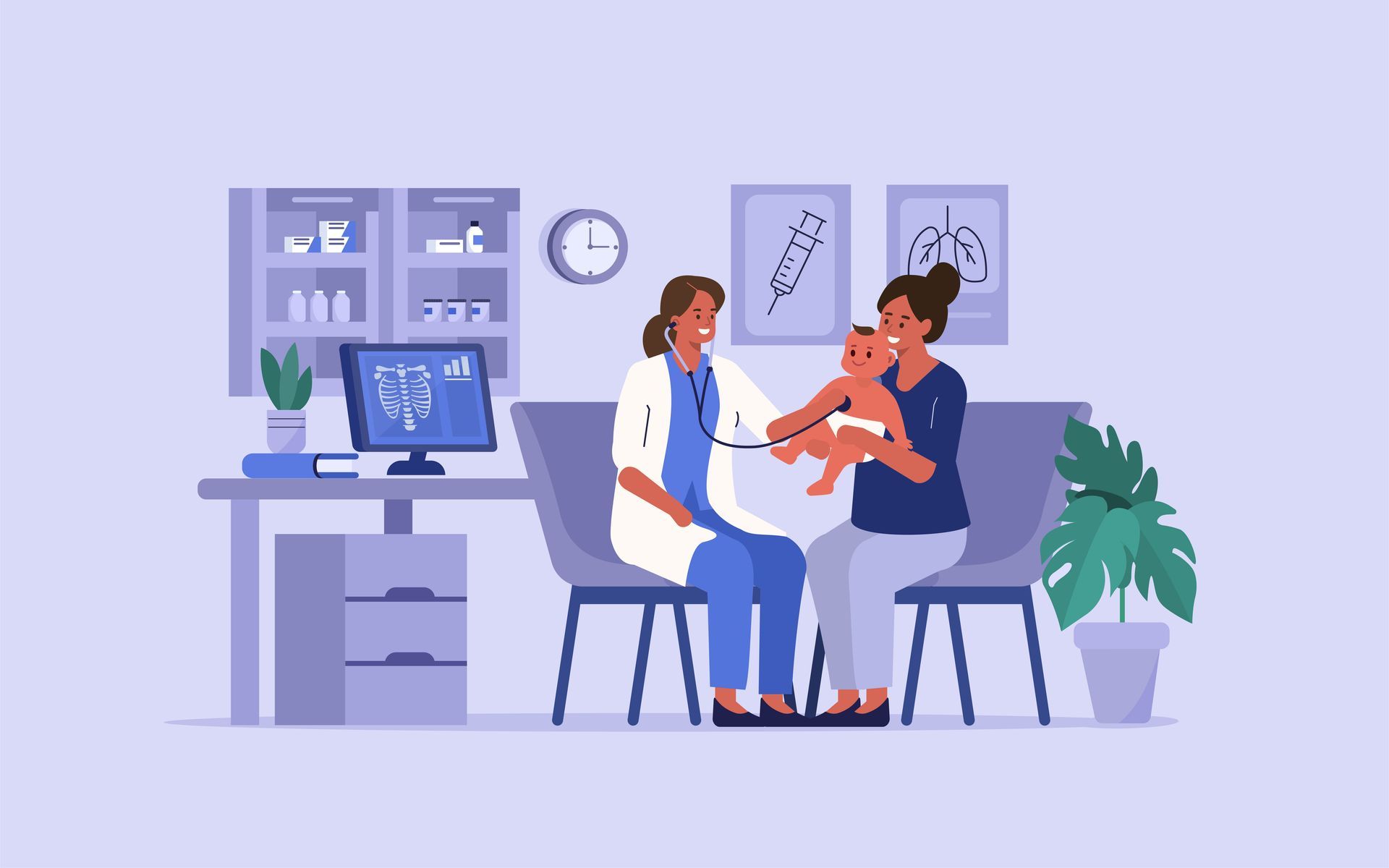 cartoon of baby on mother's lap and doctor with stethoscope