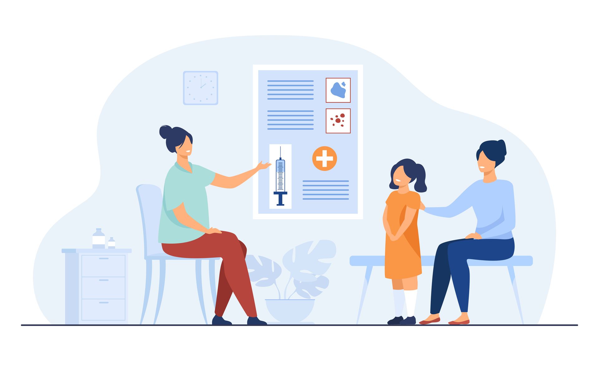 cartoon of girl and mother in medical office looking at chart
