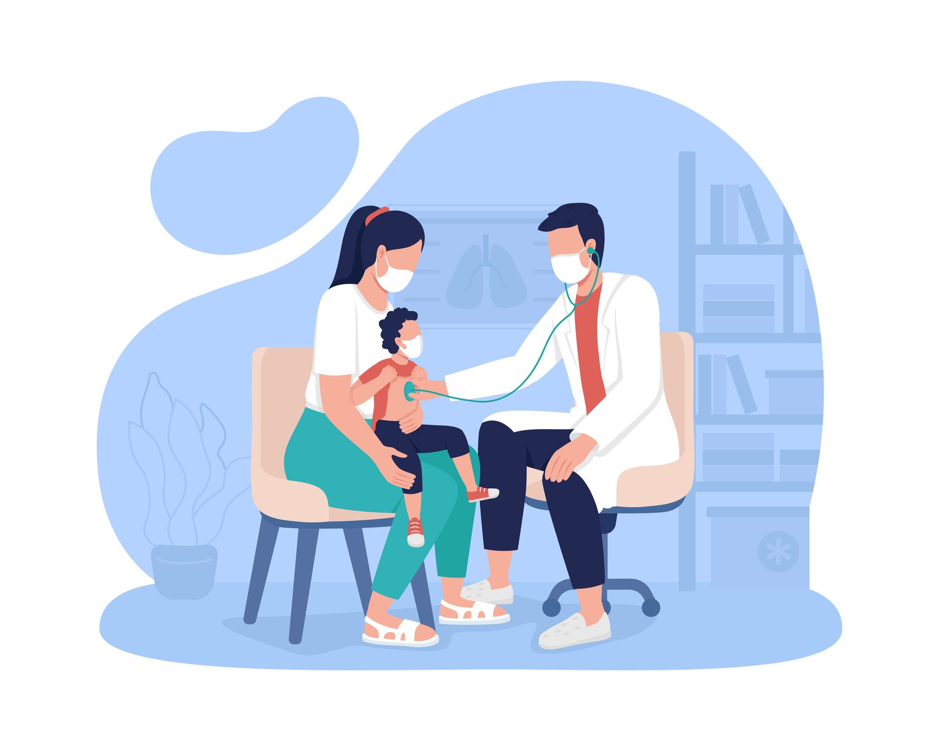 Cartoon drawing of woman with child on her lap, next to a male pediatrician. They are sitting on chairs.