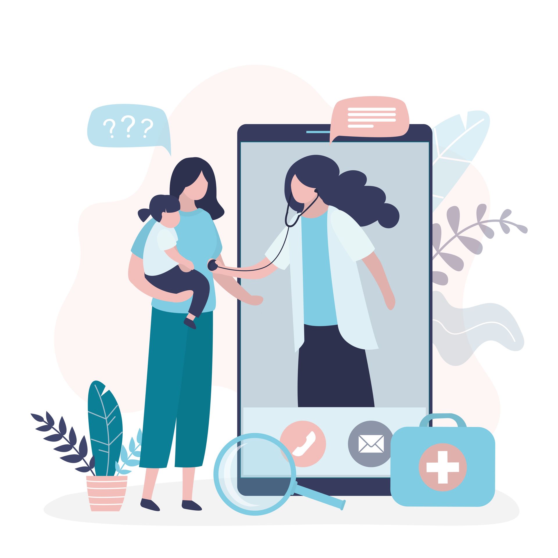 Woman holding child consults doctor via phone; doctor uses stethoscope. Medical bag and magnifying glass present.