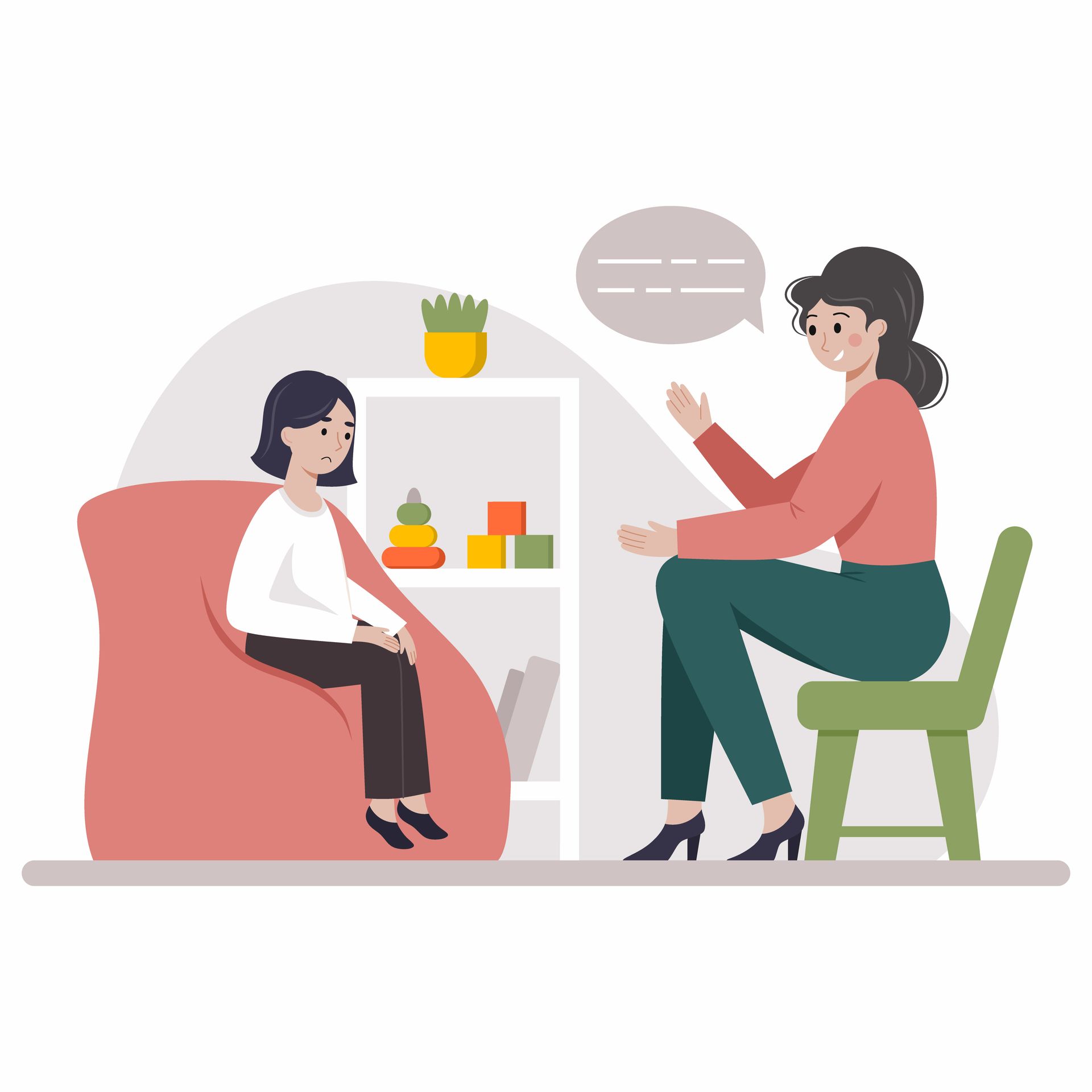 A woman is sitting in a chair talking to a child.