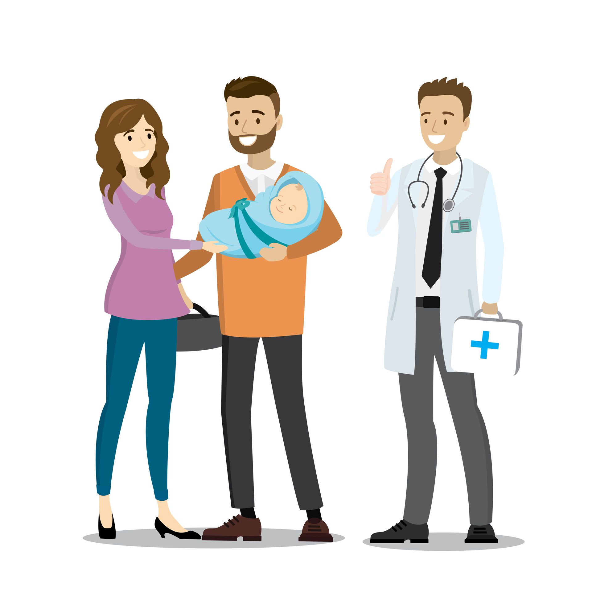 Cartoon drawing of a woman and man holding a baby. They are standing with a doctor.