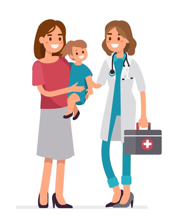 Cartoon picture of a woman holding her child and speaking with a female pediatrician.