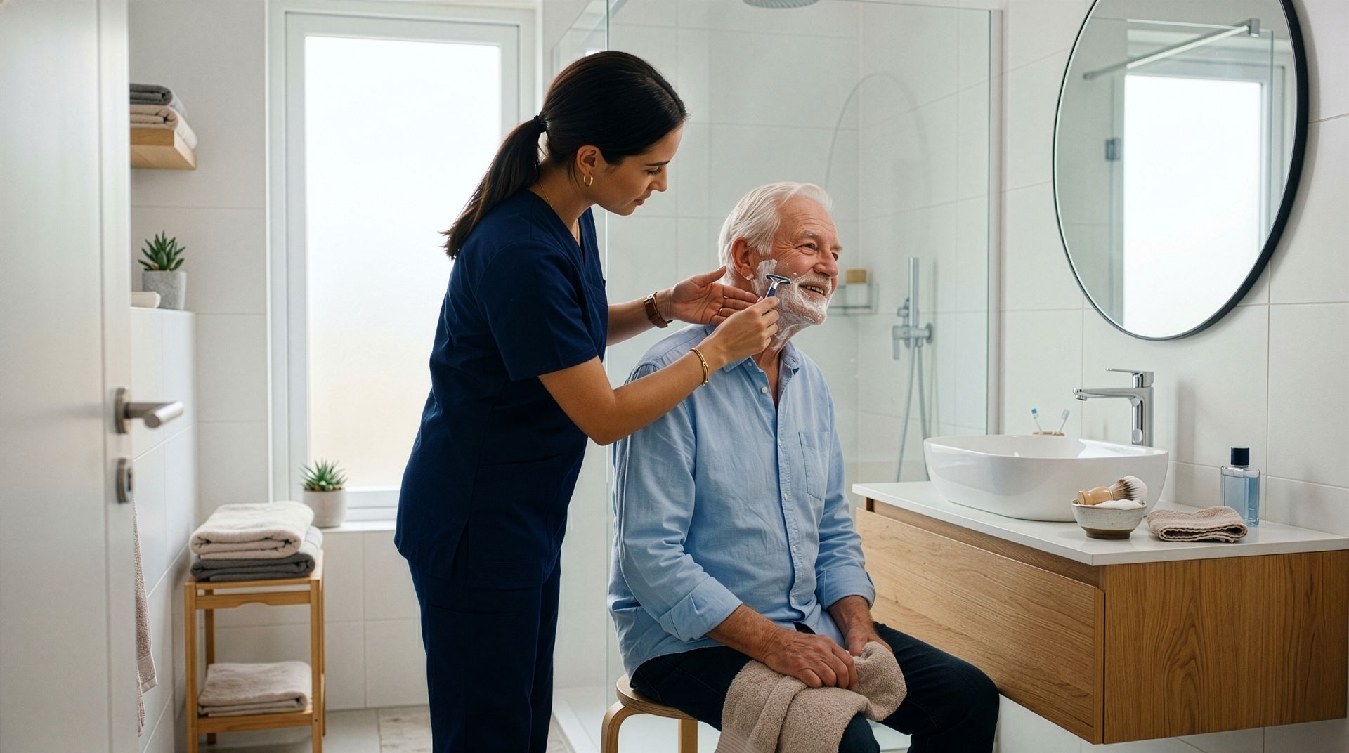 One of the in-home caregivers carefully helps a seated senior man shave at a sunlit bathroom sink. One of the in-home caregivers carefully helps a seated senior man shave at a sunlit bathroom sink.